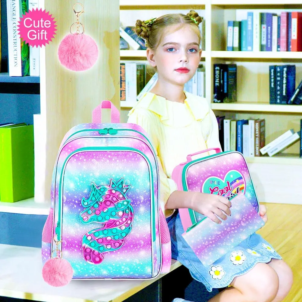 CCJPX 3PCS Unicorn Backpack for Girls, 16”Kids Water Resistant Elementary Preschool Kindergarten School Bookbag with Lunch Box - Pink