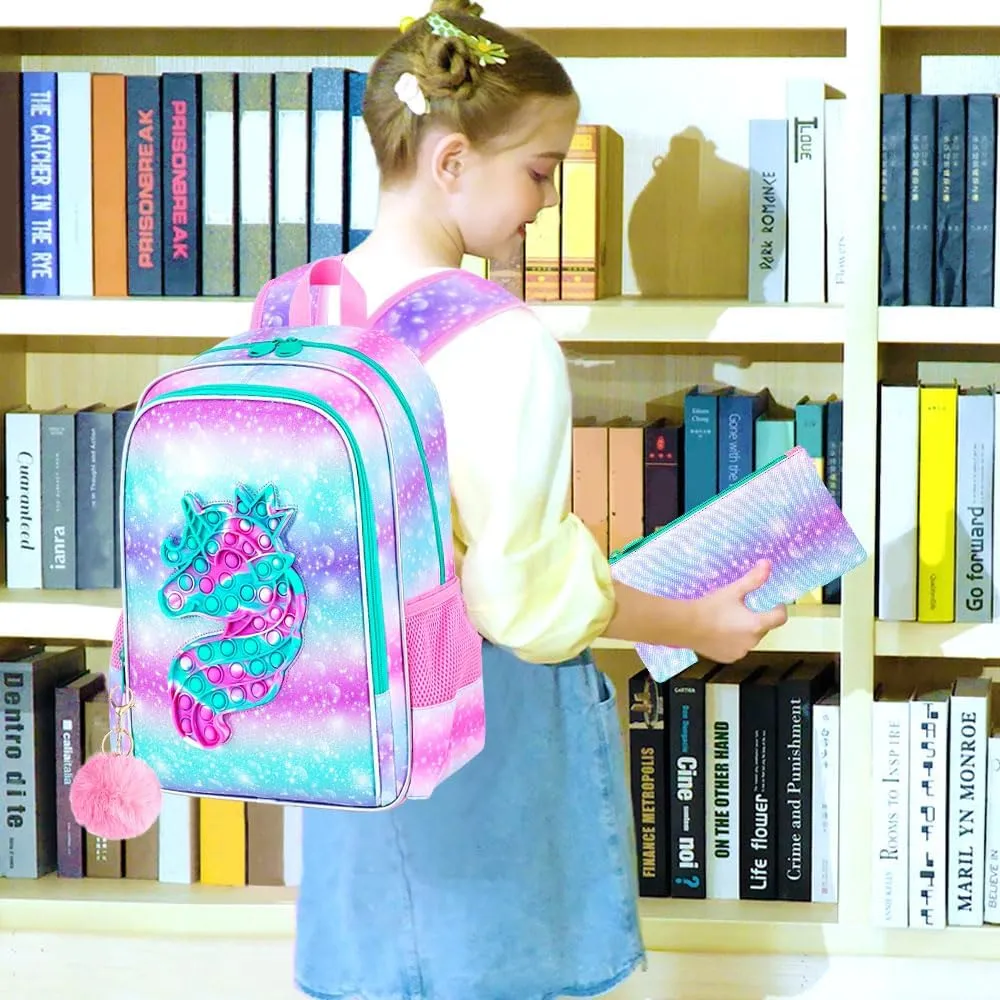 CCJPX 3PCS Unicorn Backpack for Girls, 16”Kids Water Resistant Elementary Preschool Kindergarten School Bookbag with Lunch Box - Pink