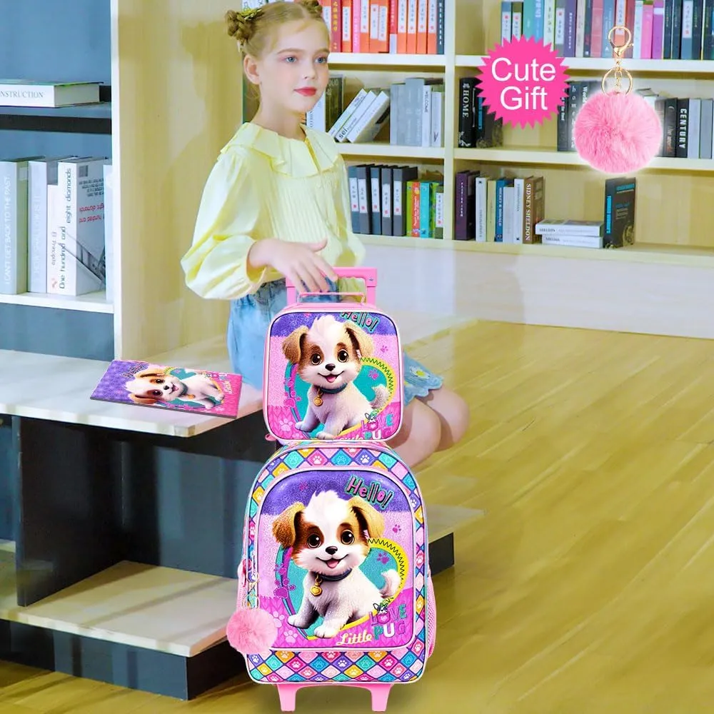 CCJPX 4PCS Rolling Backpack for Girls, Kids Roller Wheels School Bookbag with Lunch Bag, Wheeled School Bag for Toddler Elementary Children