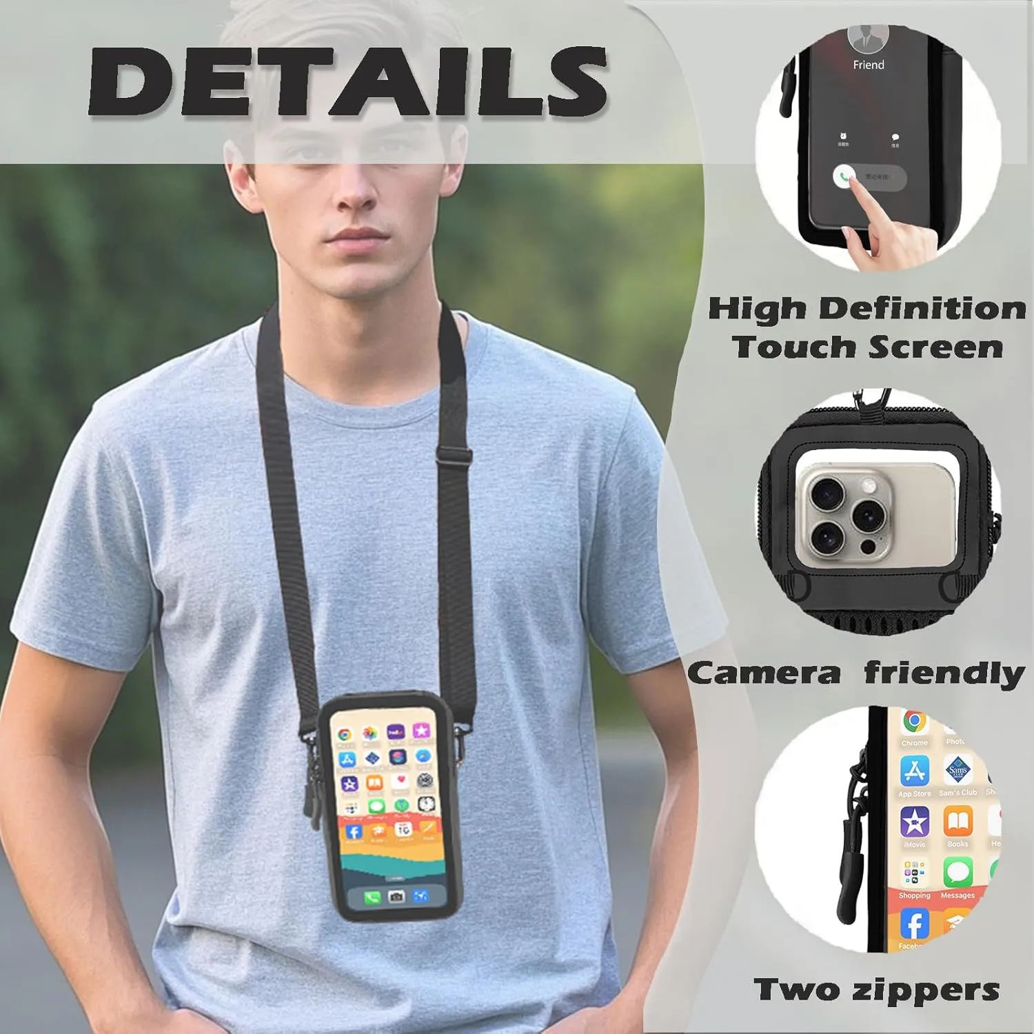 Cell Phone Sleeve Pouch Case Bag with Adjustable Crossbody Strap and Wrist Strap, Touchscreen-Friendly Clear Cell Phone Purse Bag with Carabiner for Men Women (Clear Black- A)