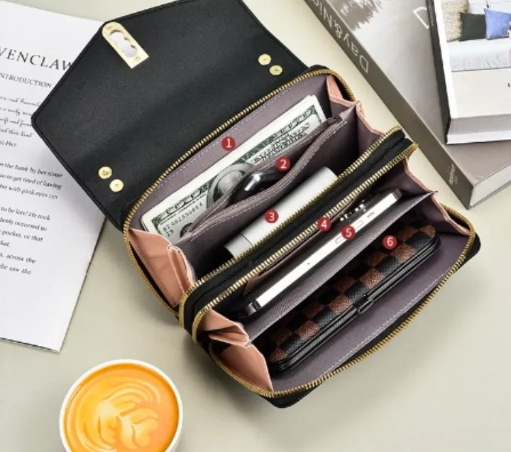 Cellphone Wallet Double Zipper Purse with Pearl Buckle for Women