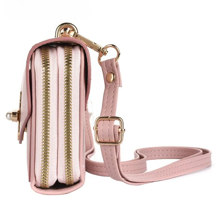Cellphone Wallet Double Zipper Purse with Pearl Buckle for Women