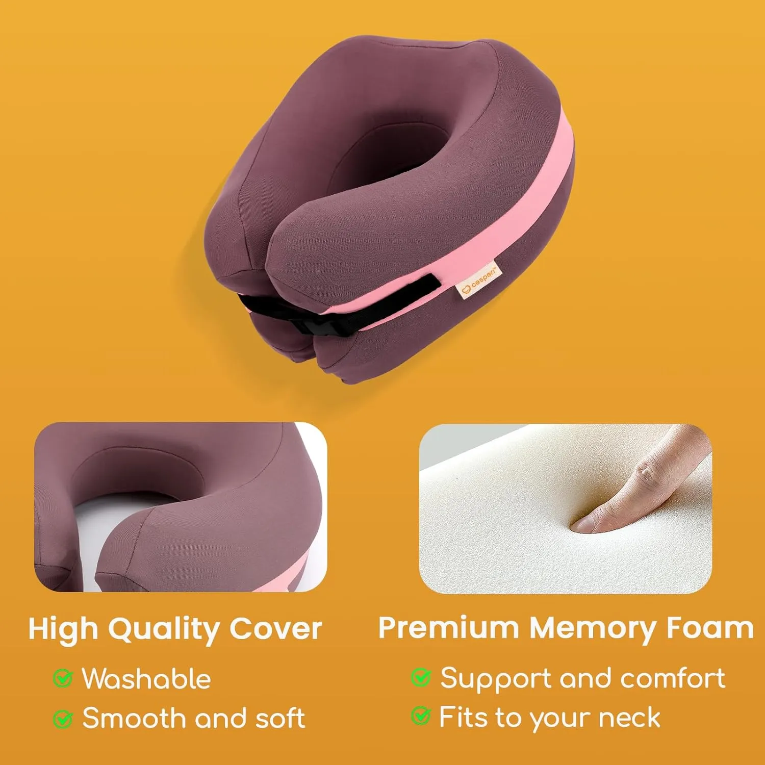 Cesperi® Travel Pillow, Premium Memory Foam, Neck Pillow Airplane for Head Support, Adjustable Comfort for Petite Neck Women. Airplane Travel Neck Pillow Kit - Eye Mask, Earplug & Bag(Mulberry Purple)