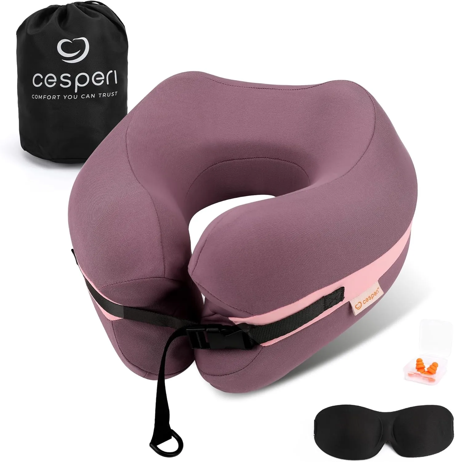 Cesperi® Travel Pillow, Premium Memory Foam, Neck Pillow Airplane for Head Support, Adjustable Comfort for Petite Neck Women. Airplane Travel Neck Pillow Kit - Eye Mask, Earplug & Bag(Mulberry Purple)