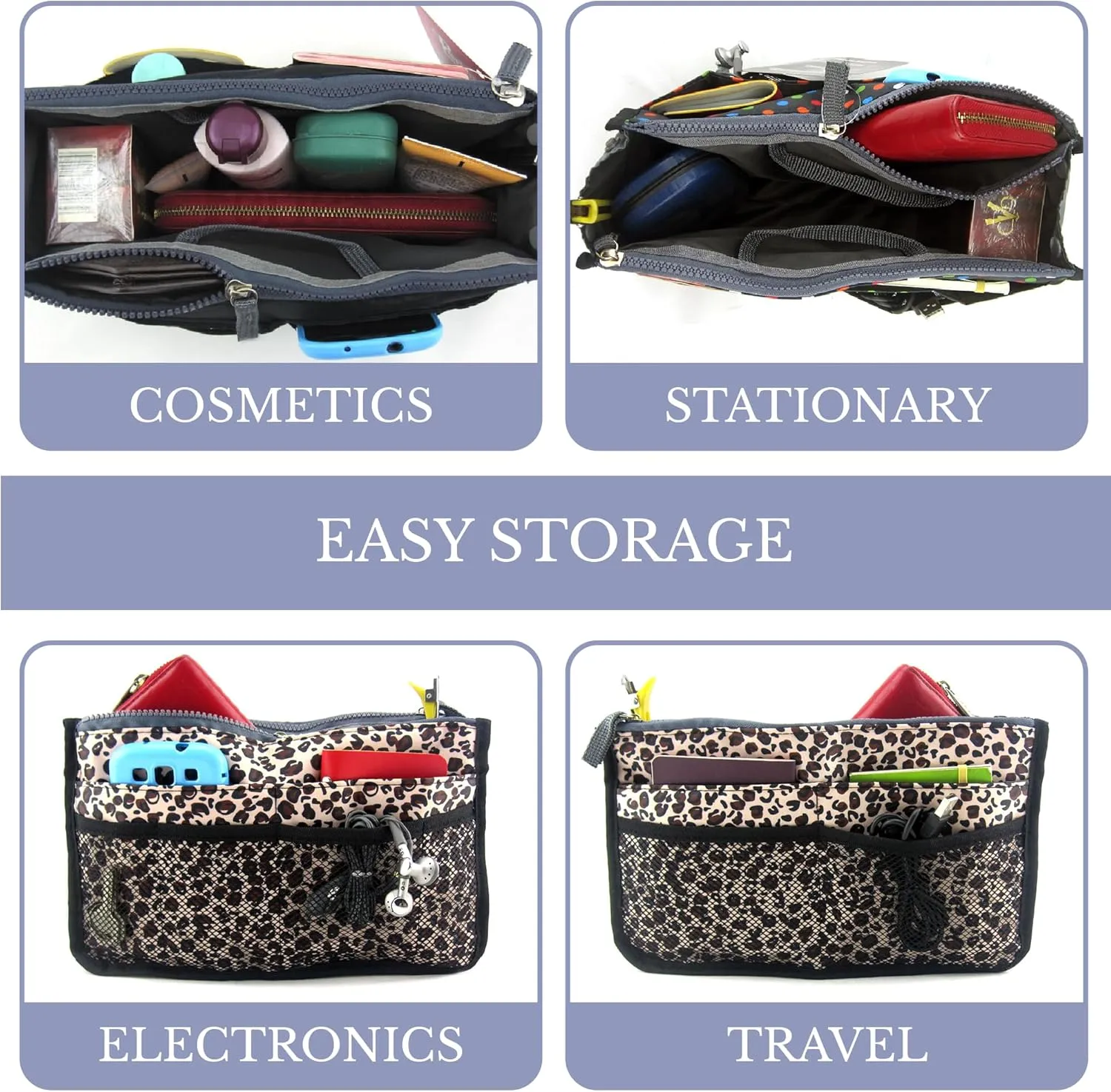 Chelsy Purse Organizer Insert with Handles & 13 Pockets - 3 Sizes (Black, Medium)