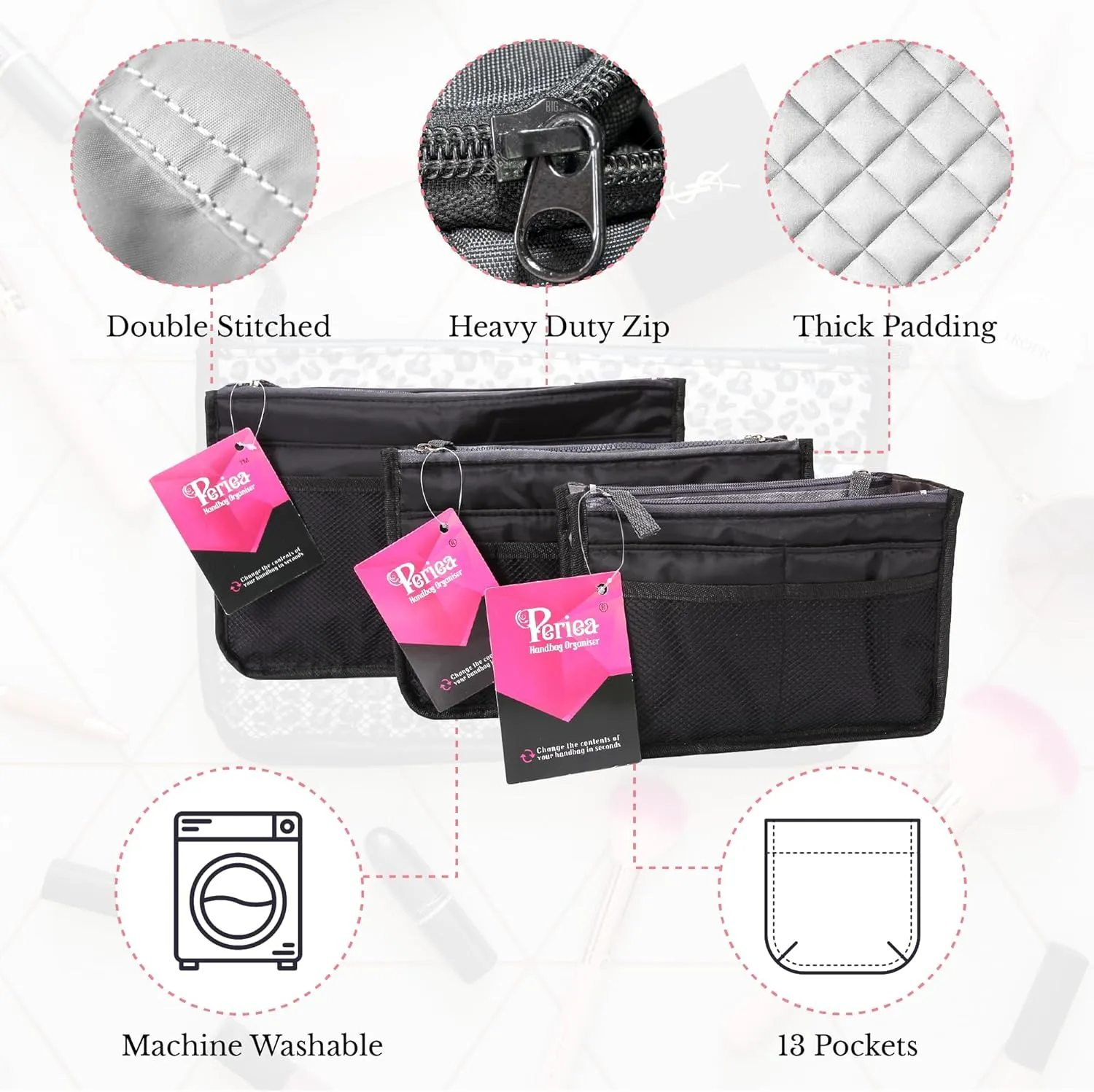 Chelsy Purse Organizer Insert with Handles & 13 Pockets - 3 Sizes (Black, Medium)