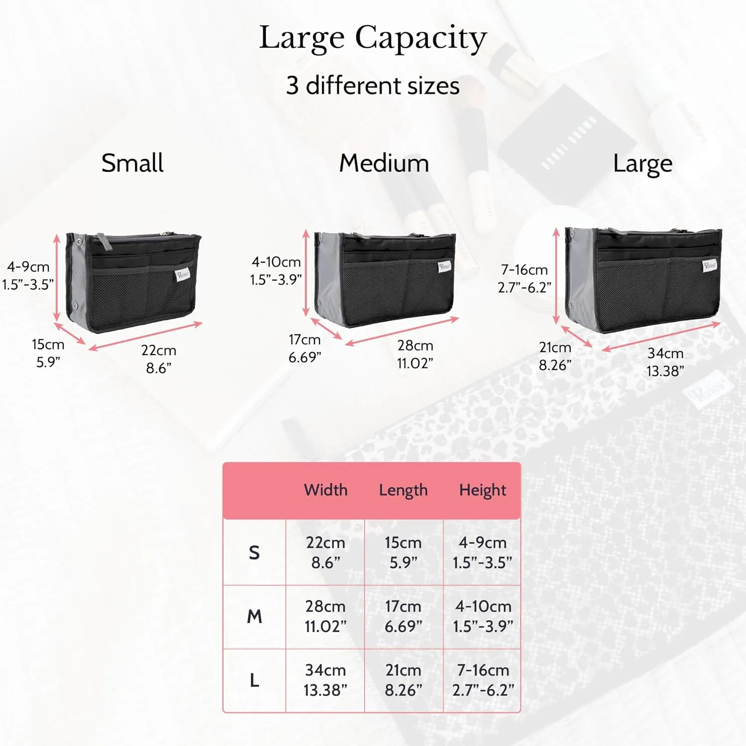 Chelsy Purse Organizer Insert with Handles & 13 Pockets - 3 Sizes (Black, Medium)