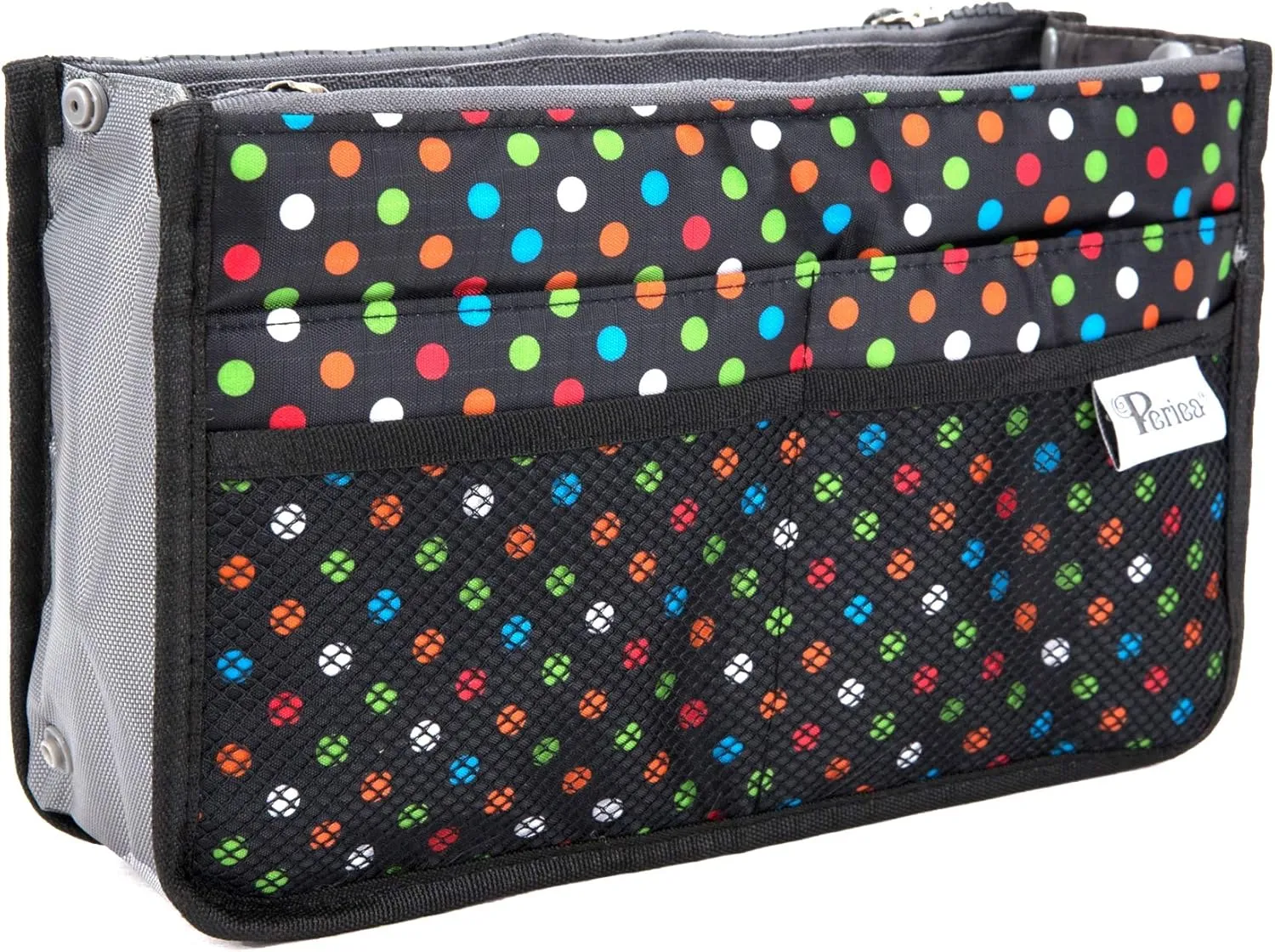 Chelsy Purse Organizer Insert with Handles & 13 Pockets - 3 Sizes (Black with Multi-color Dots, Medium)