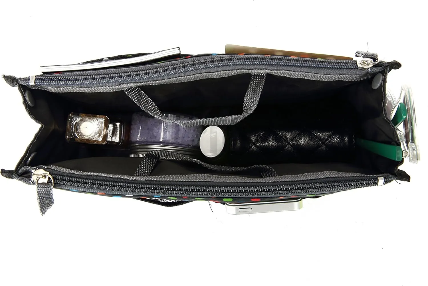 Chelsy Purse Organizer Insert with Handles & 13 Pockets - 3 Sizes (Black with Multi-color Dots, Medium)