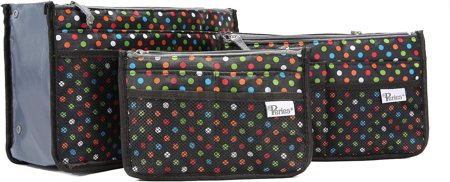 Chelsy Purse Organizer Insert with Handles & 13 Pockets - 3 Sizes (Black with Multi-color Dots, Medium)