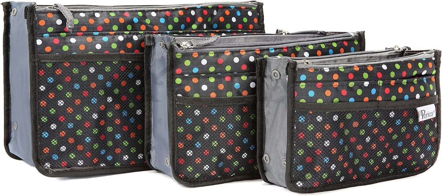 Chelsy Purse Organizer Insert with Handles & 13 Pockets - 3 Sizes (Black with Multi-color Dots, Medium)