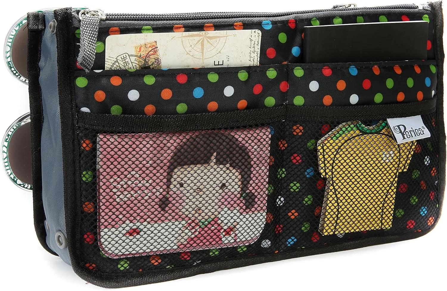 Chelsy Purse Organizer Insert with Handles & 13 Pockets - 3 Sizes (Black with Multi-color Dots, Medium)