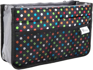 Chelsy Purse Organizer Insert with Handles & 13 Pockets - 3 Sizes (Black with Multi-color Dots, Medium)