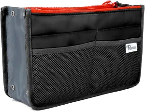 Chelsy Purse Organizer Insert with Handles & 13 Pockets - 3 Sizes (Black with Neon Peach Zip, Medium)