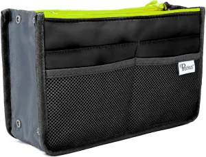 Chelsy Purse Organizer Insert with Handles & 13 Pockets - 3 Sizes (Black with Neon Yellow Zip, Medium)