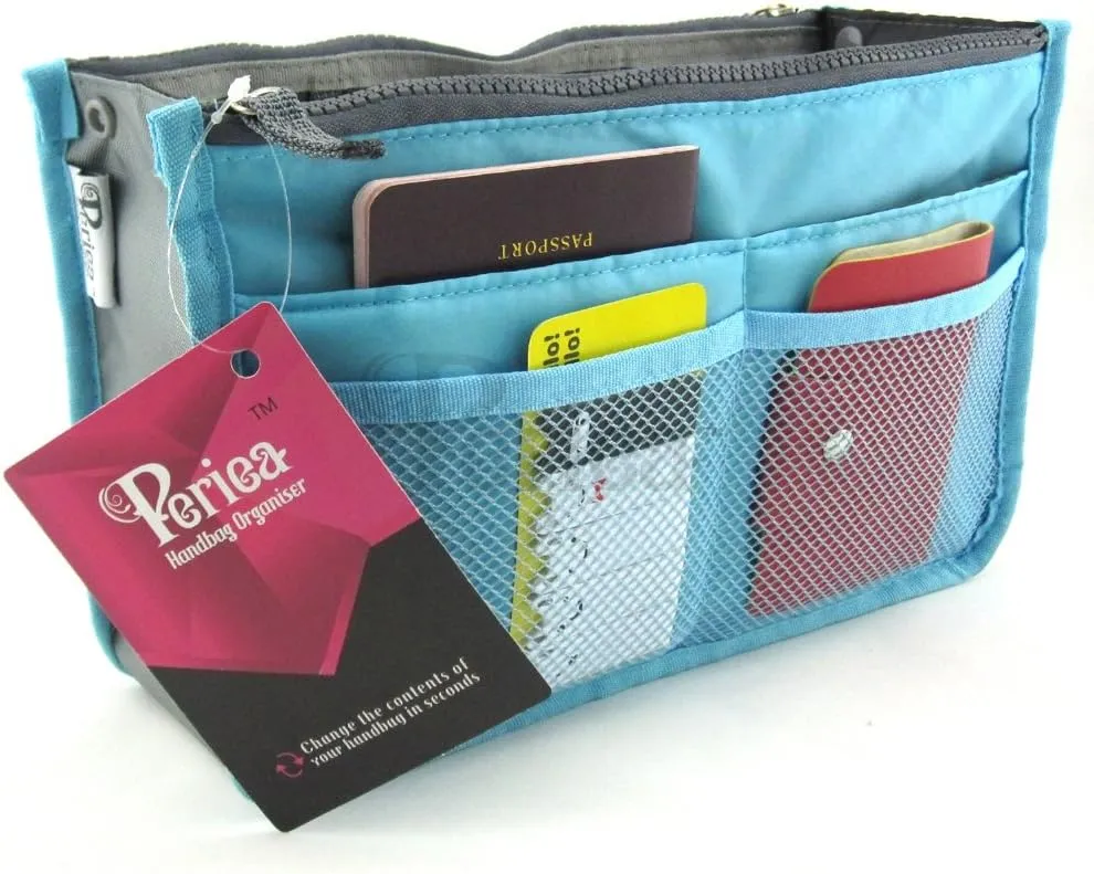 Chelsy Purse Organizer Insert with Handles & 13 Pockets - 3 Sizes (Bright Blue, Large)