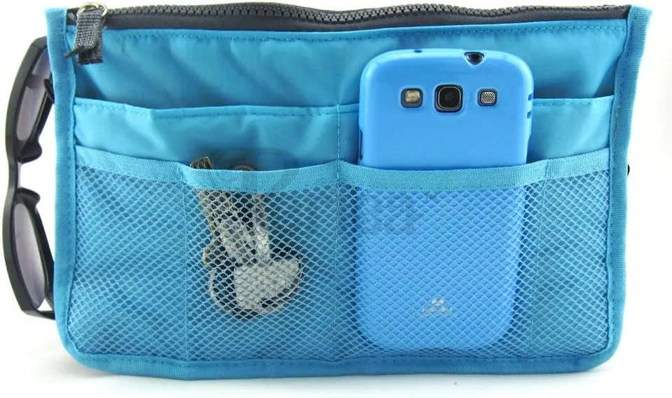 Chelsy Purse Organizer Insert with Handles & 13 Pockets - 3 Sizes (Bright Blue, Large)
