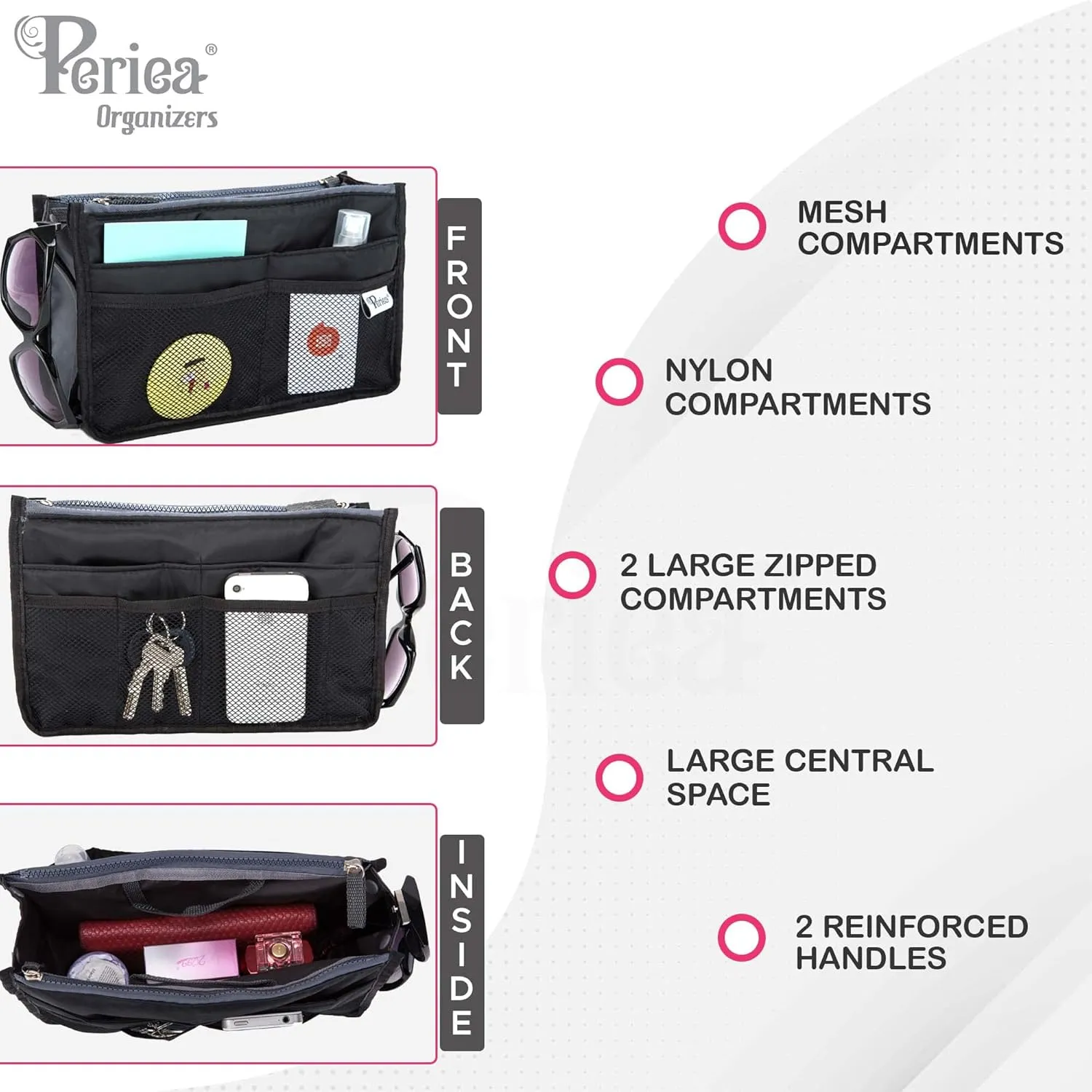 Chelsy Purse Organizer Insert with Handles & 13 Pockets - 3 Sizes (Bright Pink, Large)