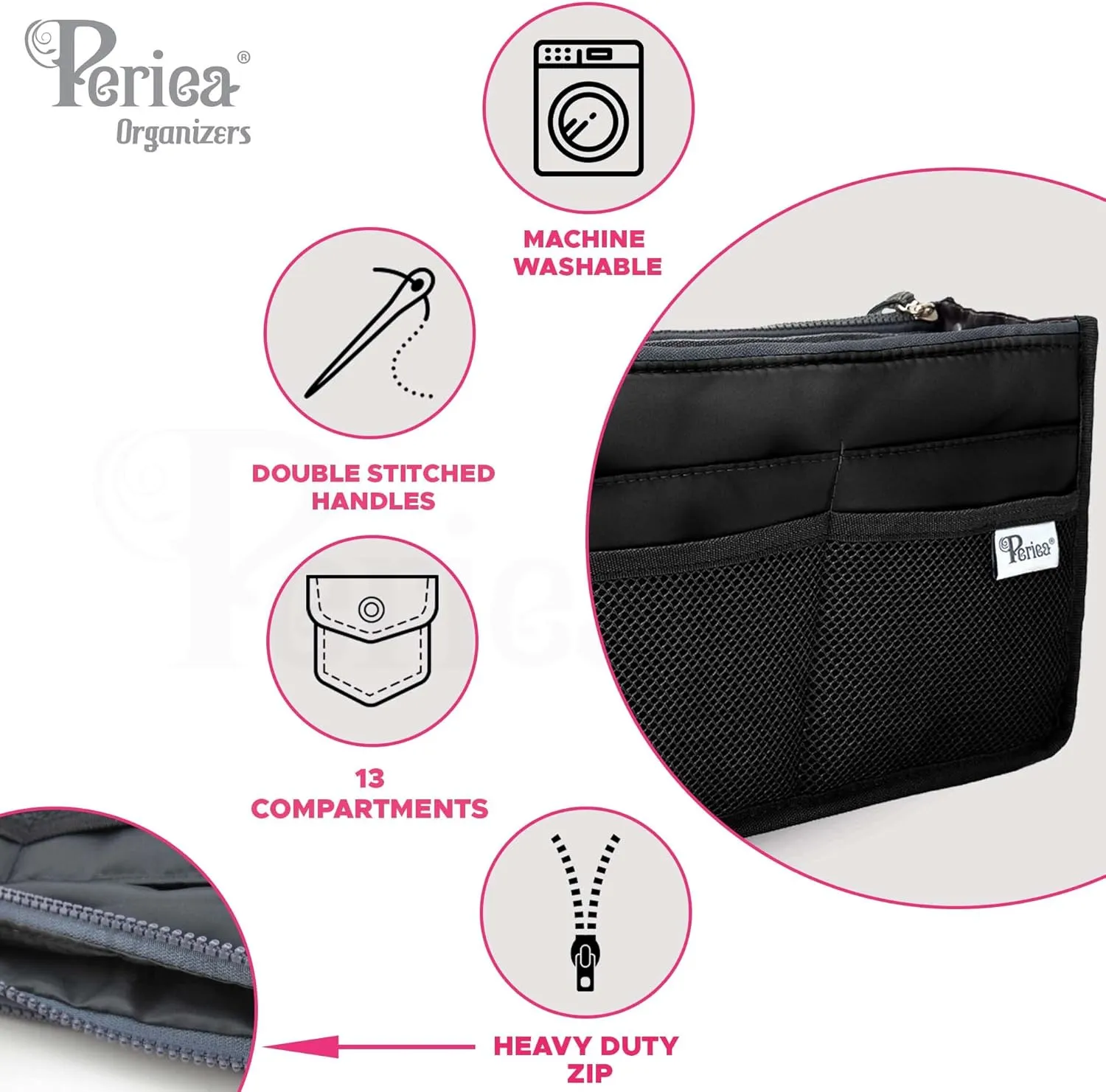 Chelsy Purse Organizer Insert with Handles & 13 Pockets - 3 Sizes (Bright Pink, Large)
