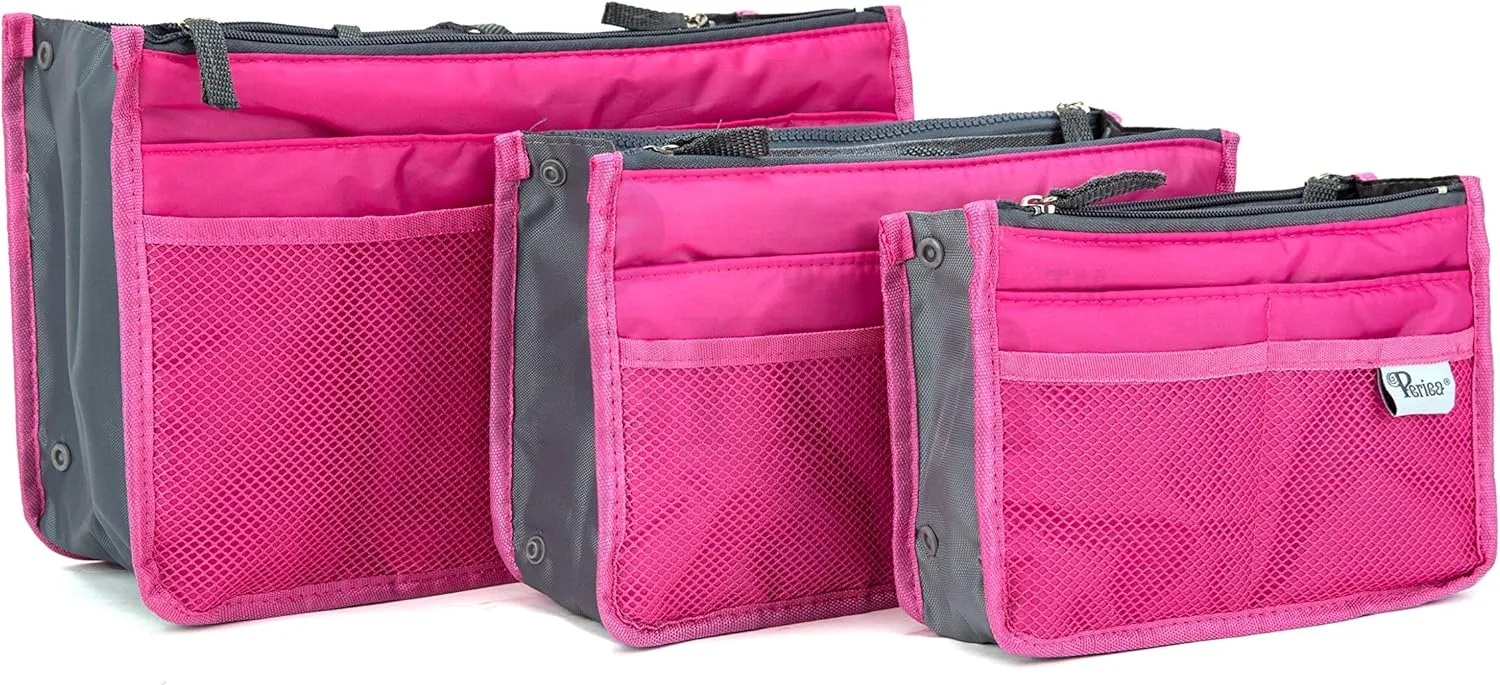 Chelsy Purse Organizer Insert with Handles & 13 Pockets - 3 Sizes (Bright Pink, Large)