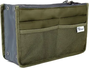 Chelsy Purse Organizer Insert with Handles & 13 Pockets - 3 Sizes (Dark Green, Medium)