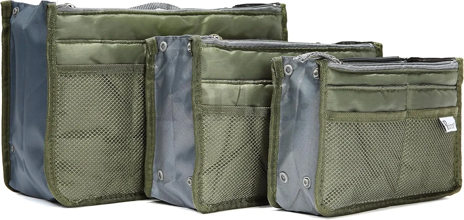 Chelsy Purse Organizer Insert with Handles & 13 Pockets - 3 Sizes (Dark Green, Medium)