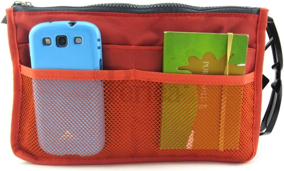 Chelsy Purse Organizer Insert with Handles & 13 Pockets - 3 Sizes (Orange, Large)