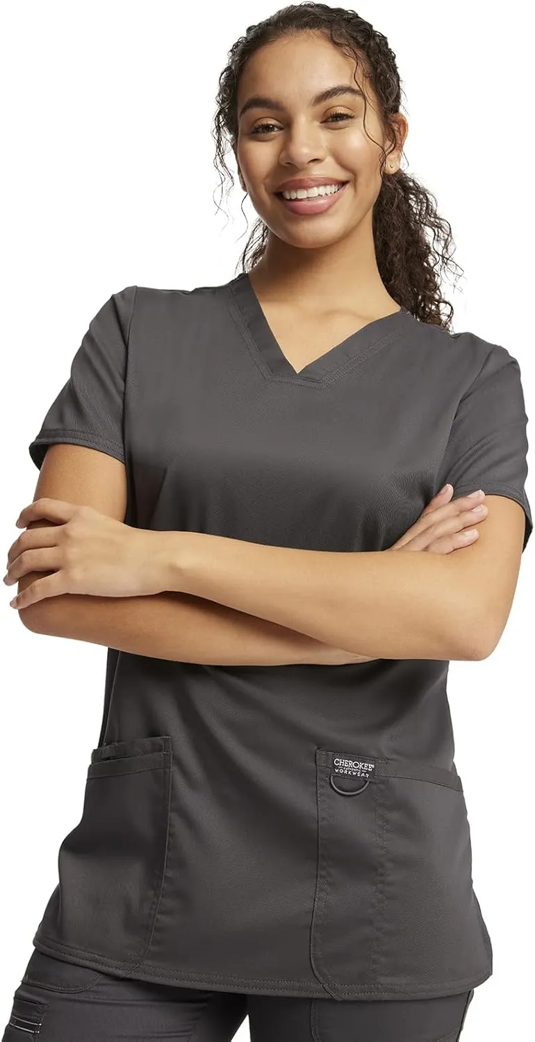 Cherokee Scrub Set For Women Modern Classic Fit 3 Pockets V-Neck Top WW620 with 5 Pockets Moderate Flare Leg Pant WW120