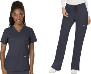 Cherokee Scrub Set For Women Modern Classic Fit 3 Pockets V-Neck Top WW620 with 5 Pockets Moderate Flare Leg Pant WW120