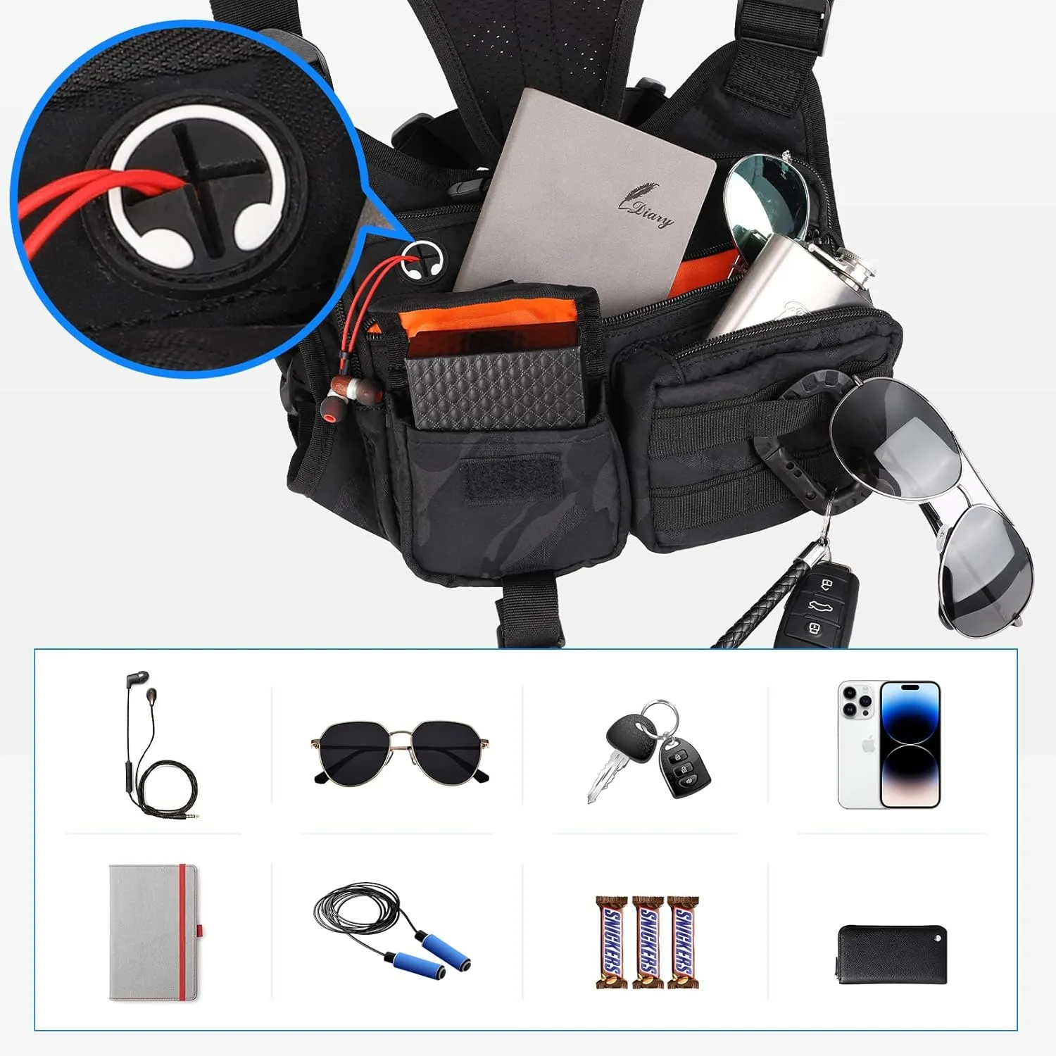 Chest Bag For Men, Tactical Inspired Sports Utility Chest Pack, EDC Pouch Bag With Built-In Phone Holder for Workouts, Running, Cycling, Black