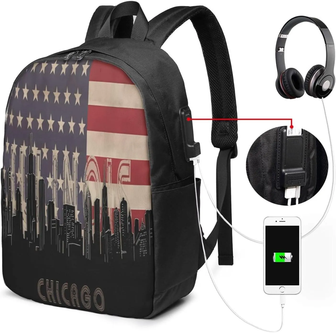 Chicago Illinois Skyline Flag Laptop Backpacks Travel Backpack Casual Business Daypack Sport Rucksack Computer Bag Fits up to 17 Inch Notebook with USB Port