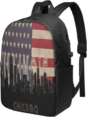 Chicago Illinois Skyline Flag Laptop Backpacks Travel Backpack Casual Business Daypack Sport Rucksack Computer Bag Fits up to 17 Inch Notebook with USB Port