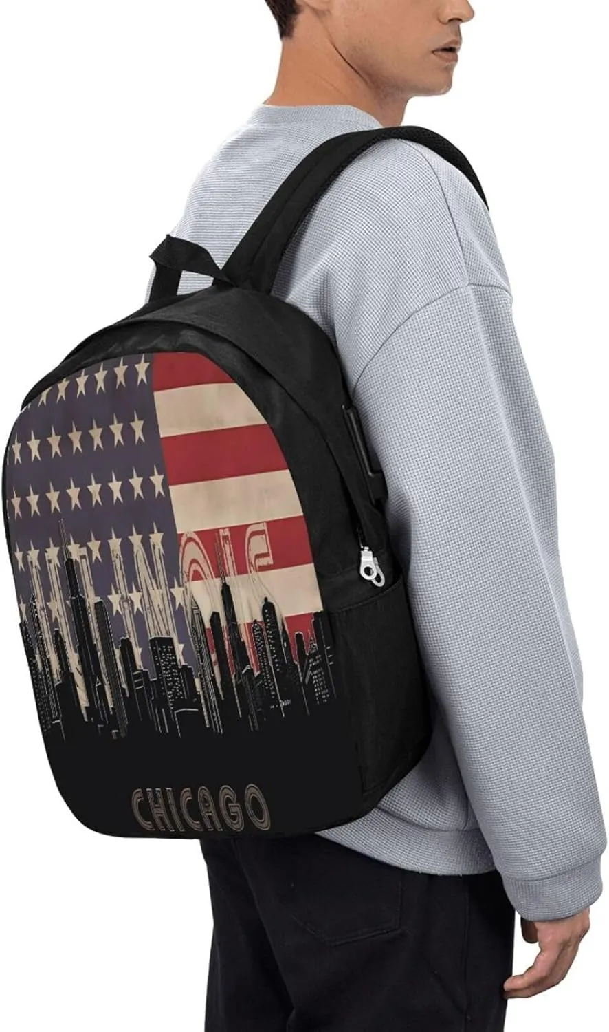Chicago Illinois Skyline Flag Laptop Backpacks Travel Backpack Casual Business Daypack Sport Rucksack Computer Bag Fits up to 17 Inch Notebook with USB Port