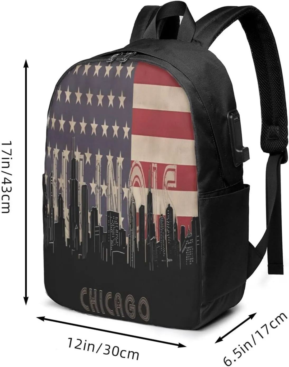 Chicago Illinois Skyline Flag Laptop Backpacks Travel Backpack Casual Business Daypack Sport Rucksack Computer Bag Fits up to 17 Inch Notebook with USB Port