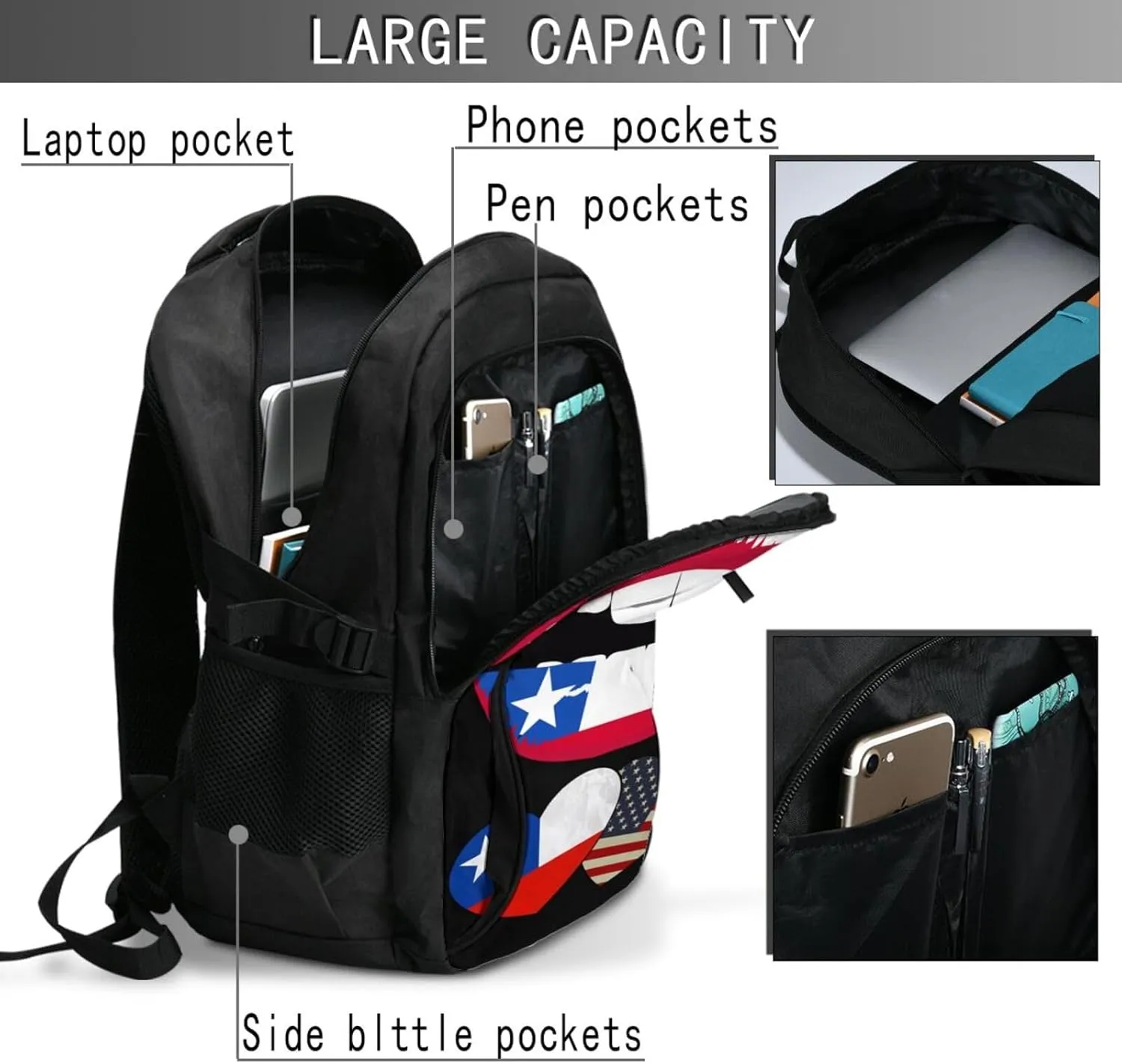 Chile Chilean American Flag Couple Hearts Love Flag Business Laptop Backpack Travel Backpacks Outdoor Rucksack Large Bag Daypack with USB Charging Port Multi-Pocket for Hiking Camping