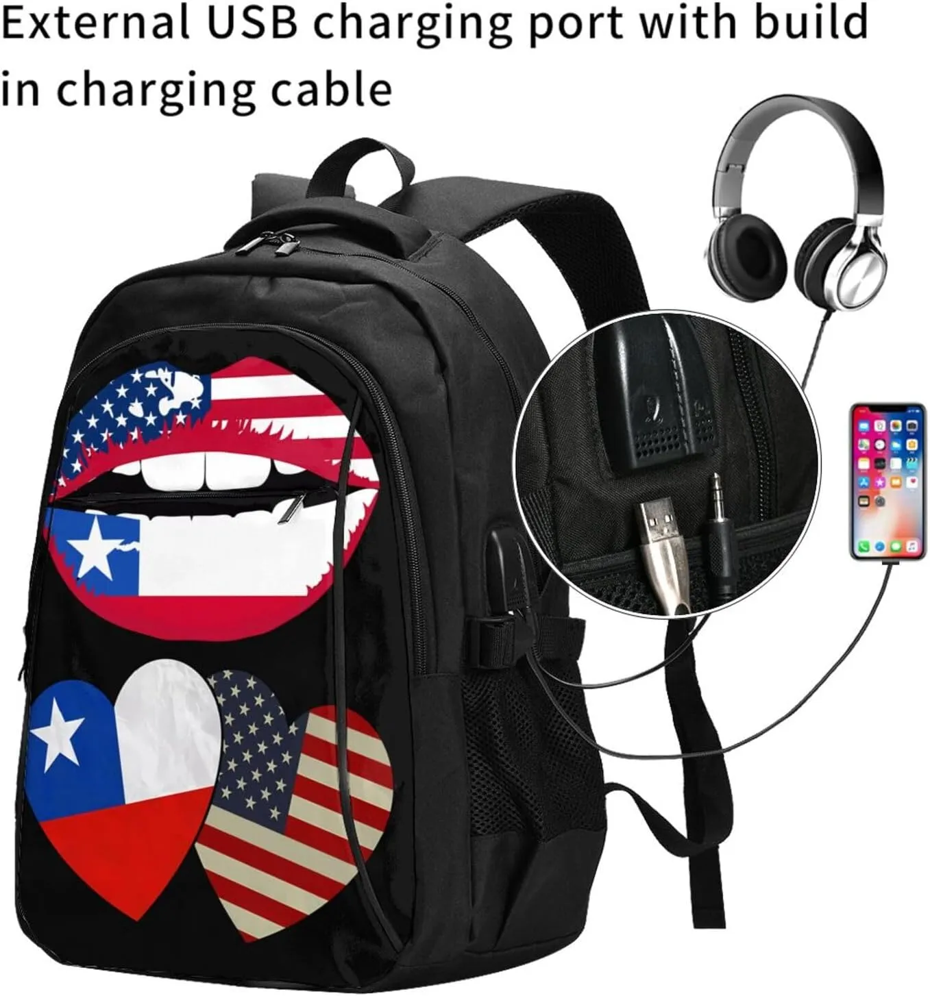 Chile Chilean American Flag Couple Hearts Love Flag Business Laptop Backpack Travel Backpacks Outdoor Rucksack Large Bag Daypack with USB Charging Port Multi-Pocket for Hiking Camping