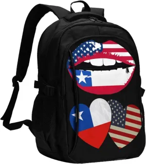 Chile Chilean American Flag Couple Hearts Love Flag Business Laptop Backpack Travel Backpacks Outdoor Rucksack Large Bag Daypack with USB Charging Port Multi-Pocket for Hiking Camping