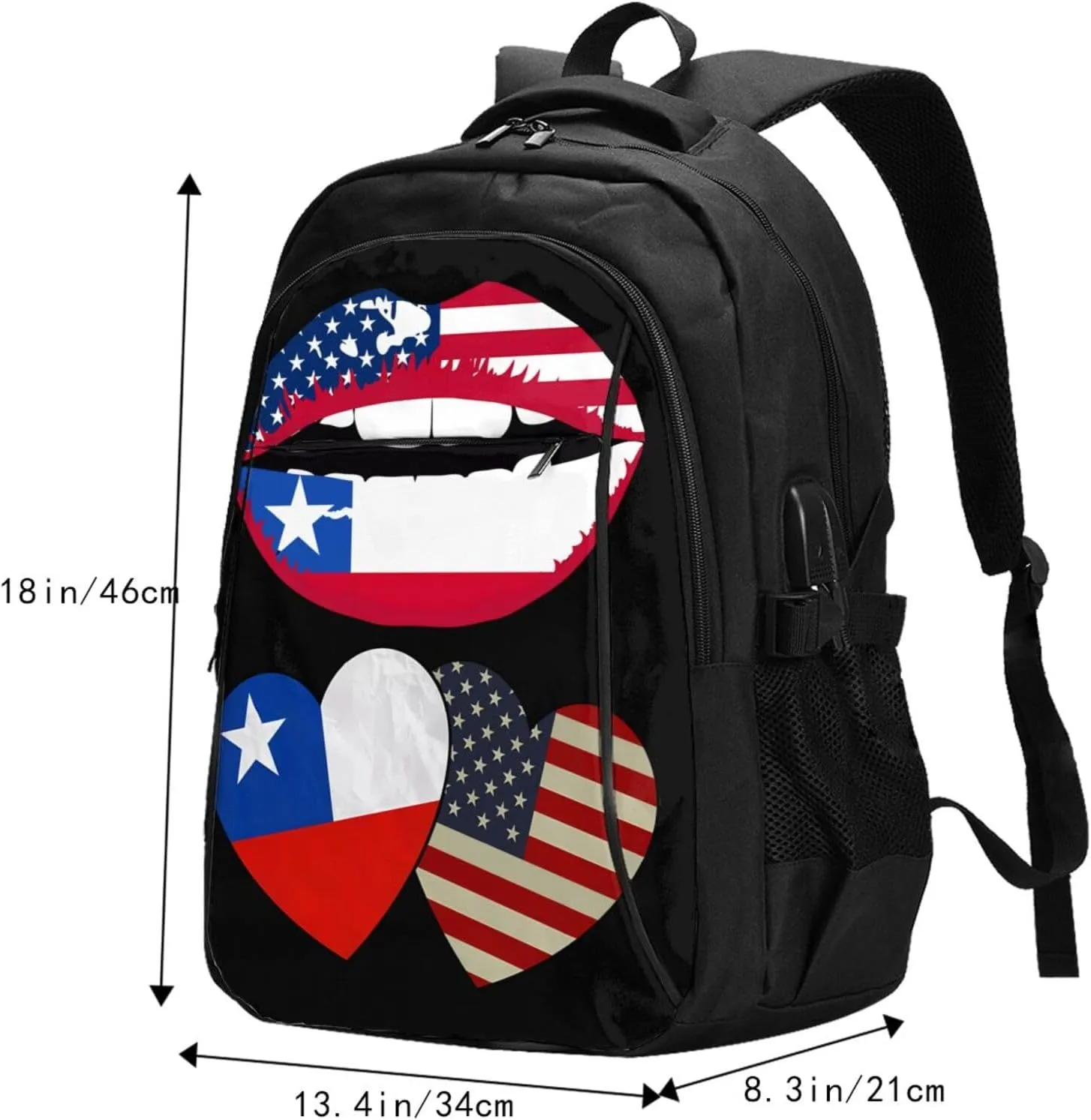 Chile Chilean American Flag Couple Hearts Love Flag Business Laptop Backpack Travel Backpacks Outdoor Rucksack Large Bag Daypack with USB Charging Port Multi-Pocket for Hiking Camping