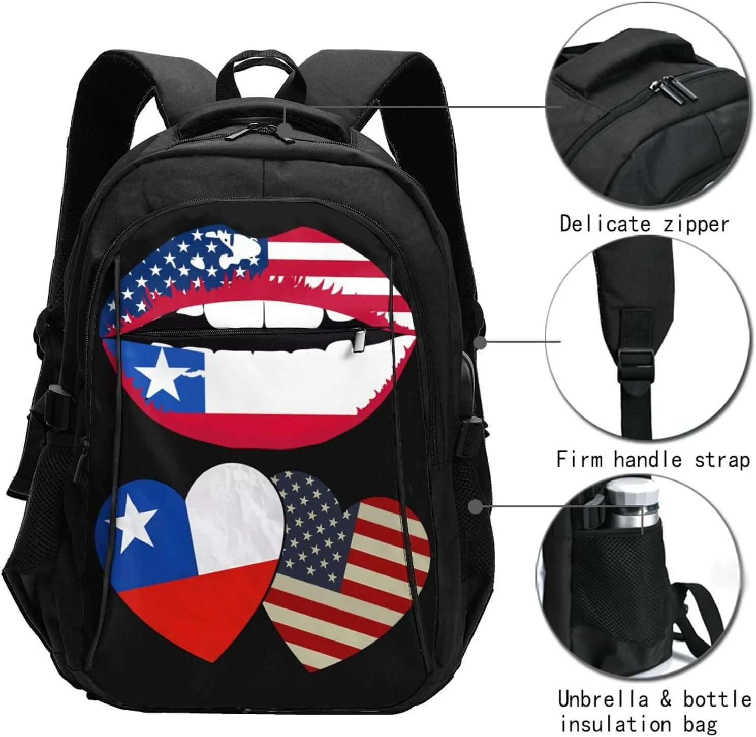 Chile Chilean American Flag Couple Hearts Love Flag Business Laptop Backpack Travel Backpacks Outdoor Rucksack Large Bag Daypack with USB Charging Port Multi-Pocket for Hiking Camping