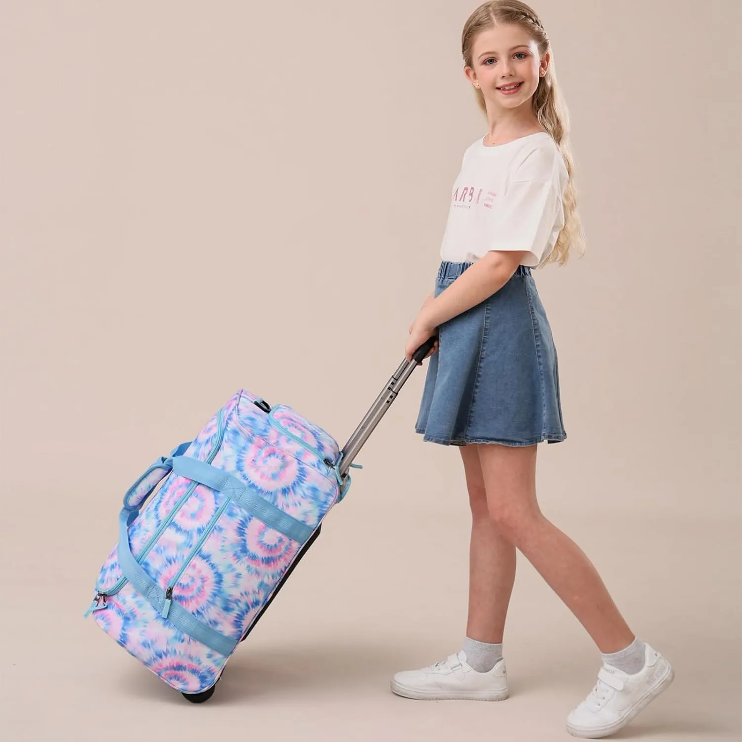 Choco Mocha Girls Tie Dye Suitcase with Wheels Kids Blue Rolling Duffle Bag for Camping Teen Girls Toddler Luggage Bag for Travel, 22inch