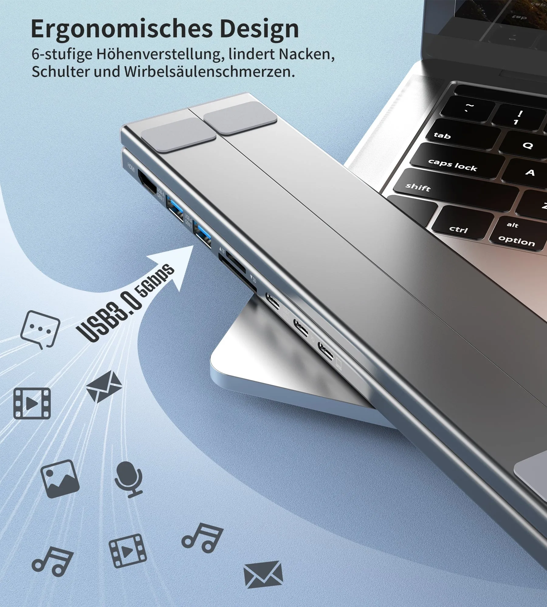 CHOETECH HUB-M48 7-in-1 Hub   Foldable Laptop stand USB-C to HDMI 4K/USB-A/TF&SD/USB-C with PD Charging
