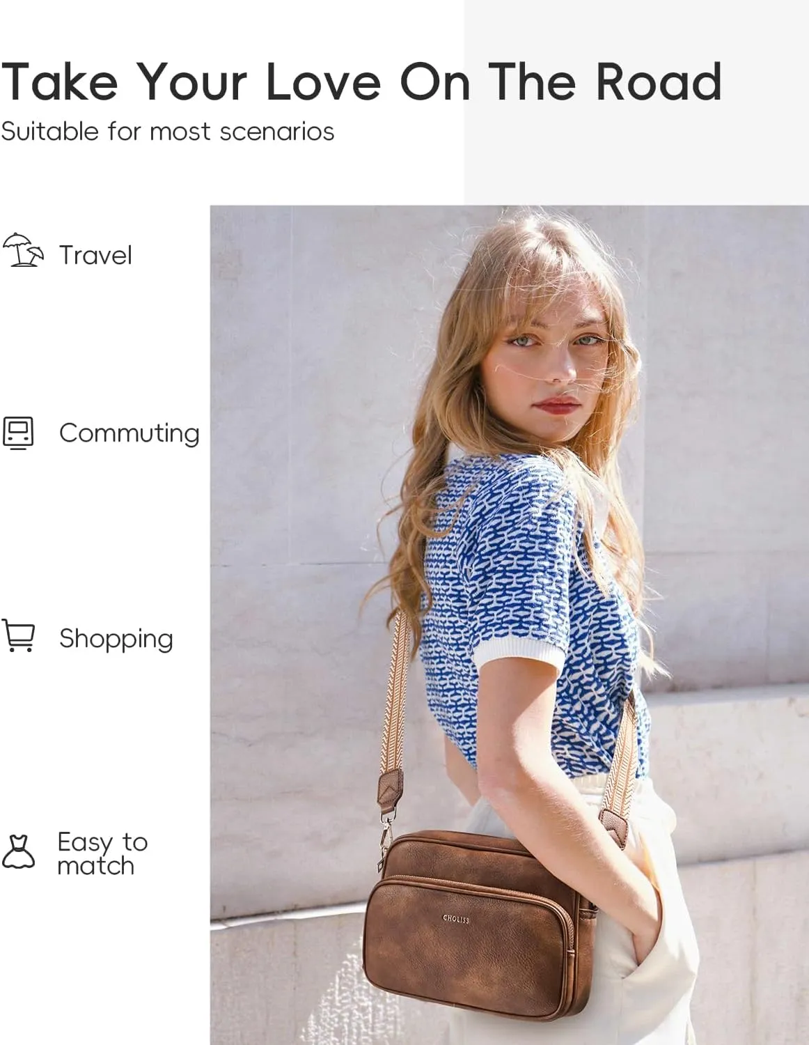 CHOLISS Small Purses for Women, Travel Purses Anti Theft Crossbody Bags for Women, Vegan Leather Adjustable Wide Guitar Strap