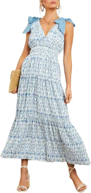 chouyatou Women's Summer Boho Floral Print Dress Tie Knot Strap V-Neck Swing Maxi Beach Dress