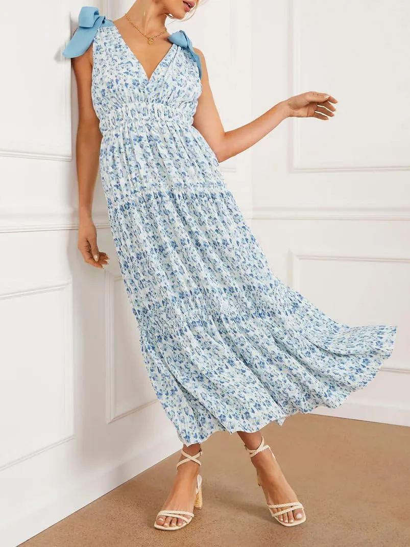 chouyatou Women's Summer Boho Floral Print Dress Tie Knot Strap V-Neck Swing Maxi Beach Dress