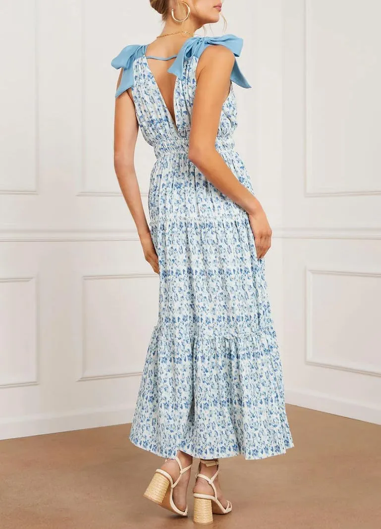chouyatou Women's Summer Boho Floral Print Dress Tie Knot Strap V-Neck Swing Maxi Beach Dress