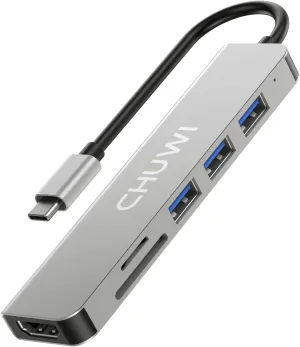 CHUWI USB C Hub, 6 in 1 USB C to HDMI Splitter, 4K HDMI Port, SD/TF Card Reader, USB 3.0 Data Port, for Laptops and Phones, Gray