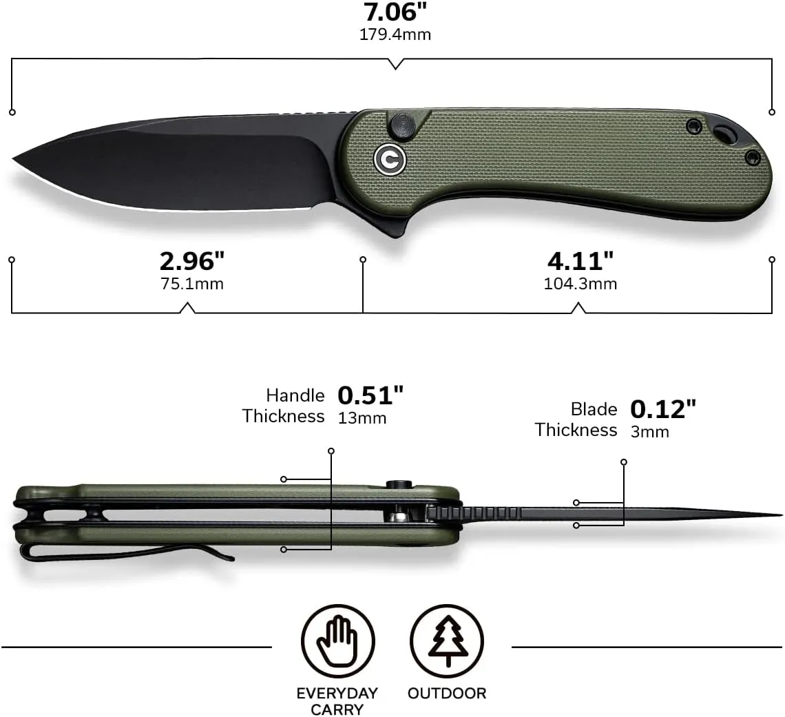 CIVIVI Elementum II Pocket Folding Knife, 2.96" Nitro-V Steel Blade G10 Handle Utility Knife with Deep Carry Pocket Clip for Camping Hiking Hunting C18062P-3
