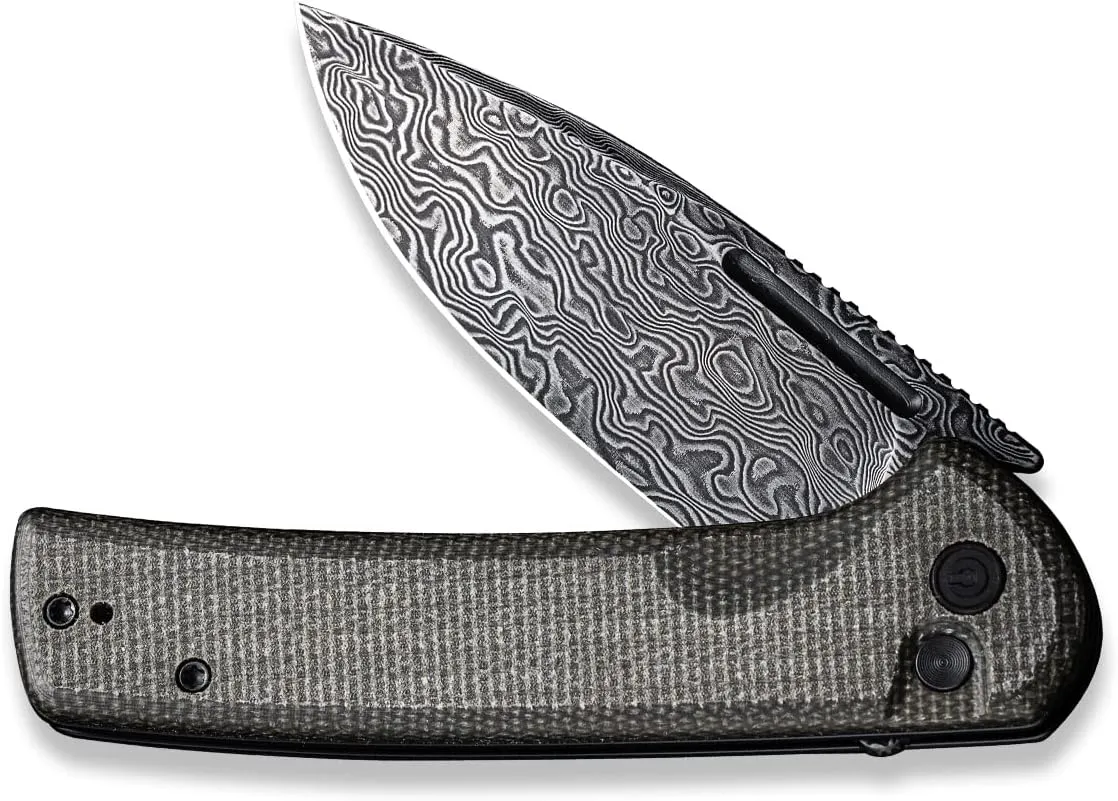 CIVIVI Pocket Knife for EDC, Conspirator Button Lock Folding Knife 3.48" Damascus Blade, Dark Green Micarta Handle C21006-DS1