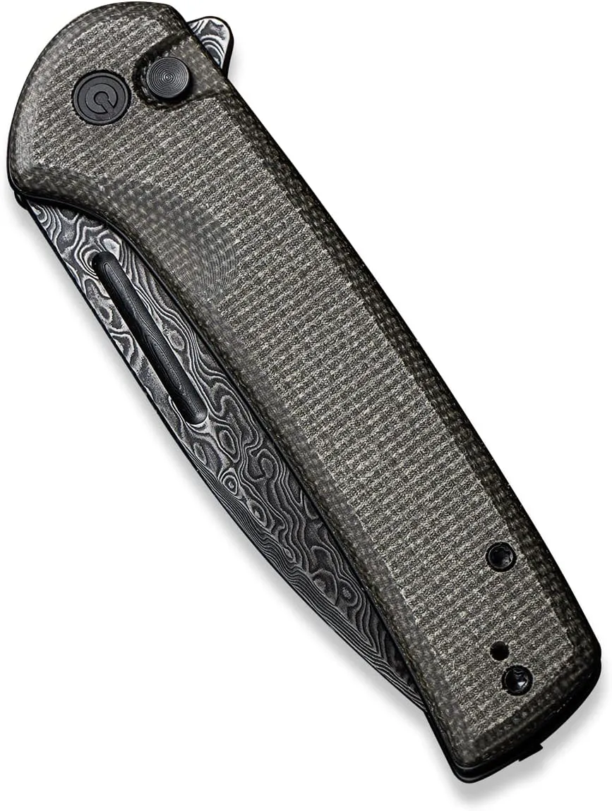 CIVIVI Pocket Knife for EDC, Conspirator Button Lock Folding Knife 3.48" Damascus Blade, Dark Green Micarta Handle C21006-DS1