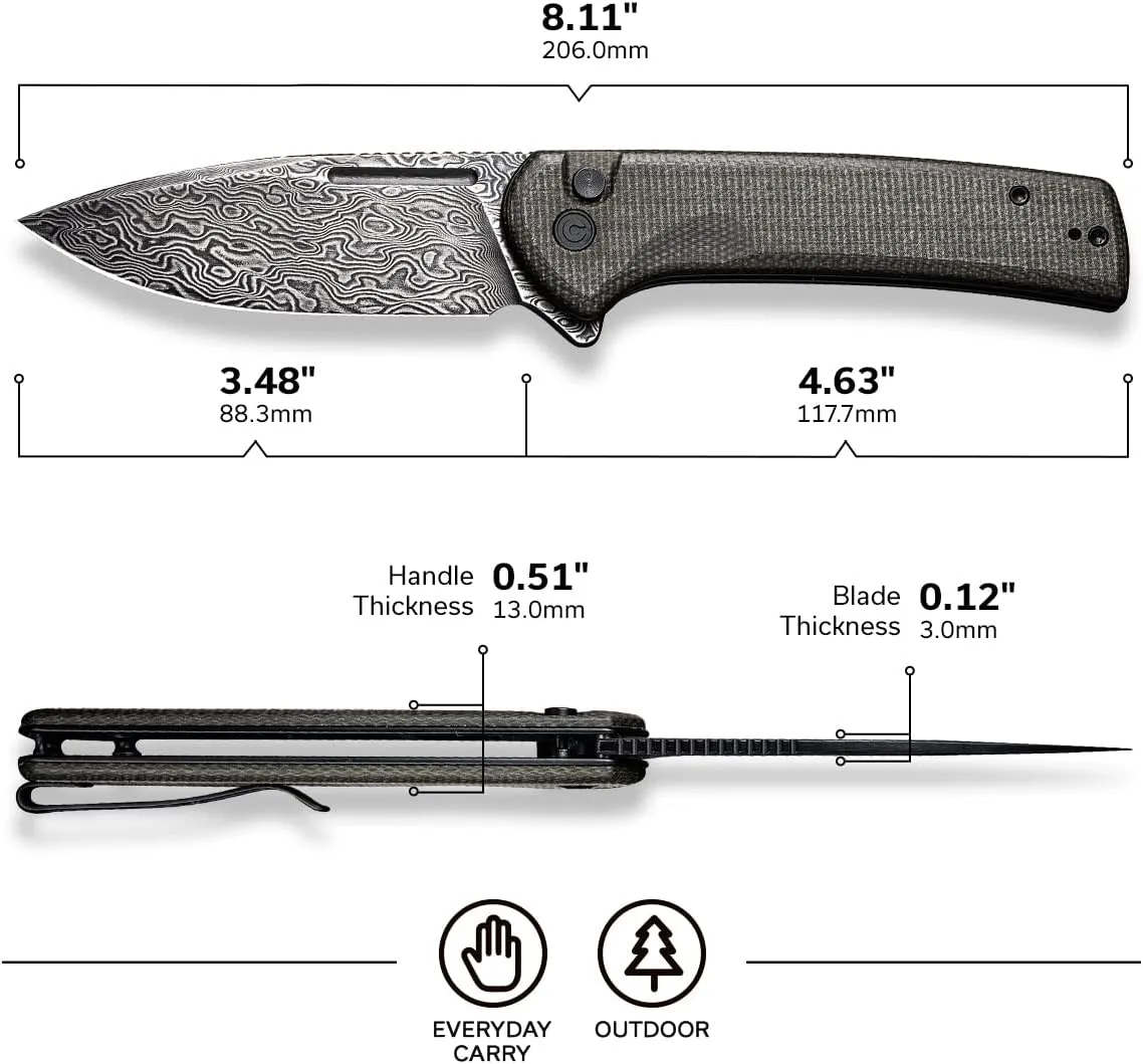 CIVIVI Pocket Knife for EDC, Conspirator Button Lock Folding Knife 3.48" Damascus Blade, Dark Green Micarta Handle C21006-DS1